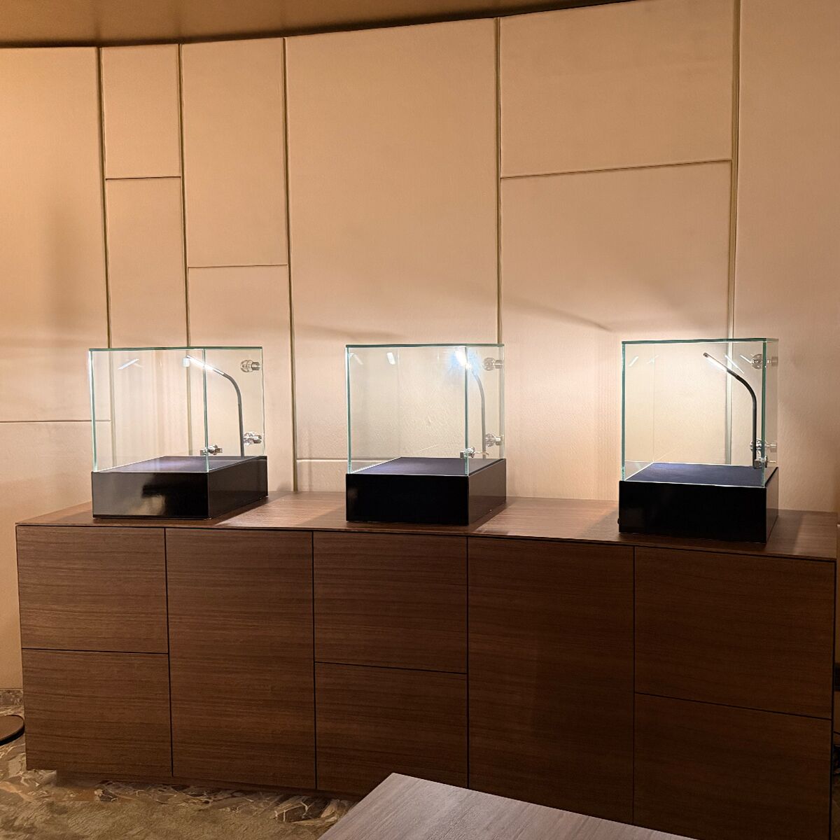 schwarze tischvitrinen beleuchtet